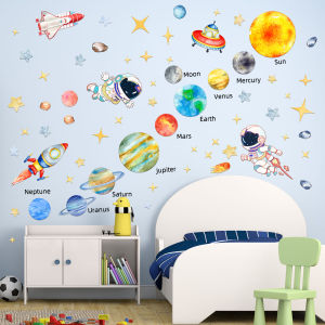 Solar System Kids Wall Stickers Astronaut Stars Wall Decals Decor for Baby Boy Girl Room Bedroom Living Room Classroom