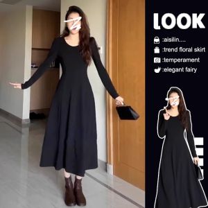 Elegant French Black Long Sleeve Dress Womens Autumn Winter New Small Size Base Layer Inner Wear Waist Cinched Long Dress