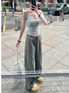 กางเกงขายาวทรงหลวมเอวสูงสีเทาเขียวอเมริกันสำหรับผู้หญิง กางเกงขายาวทรงหลวมขากว้างสำหรับใส่ไปทำงานในฤดูร้อน กางเกงขายาวทรงยาวแบบลำลอง