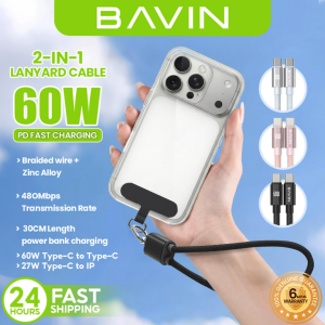 BAVIN CB429 2-in-1 Portable Fast Charging 60W PD Type-C Data Cable w/ Phone Lanyard for Android Devices & iPh 17 Series