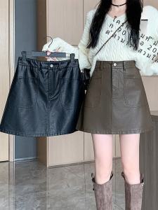 plus Size PU Leather Skirt Autumn Winter Womens High Waist A-Line Mini Skirt Coffee Color Slimming Belly Covering Skirt