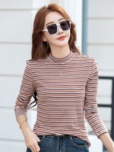 Half Turtleneck Dralon Stripes Bottoming Shirt Womens Inner Wear Autumn and Winter Fashionable Thickened Heattech Middle-Collar Long Sleeve T-Shirt Tops