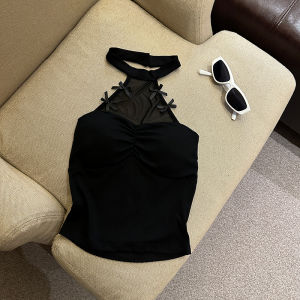 GUZILIAN | Pure Desire Hollow Out Design Womens Spring Summer Halter Neck Half High Collar Tank Top Shoulder Bared Base Shirt Commute Style