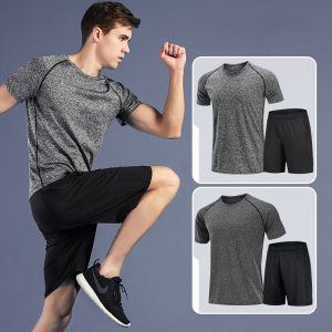 Plus size 1 set Ice silk quick-drying running fitness short sleeve breathable T-shirt for Men + Summer loose basketball training shorts