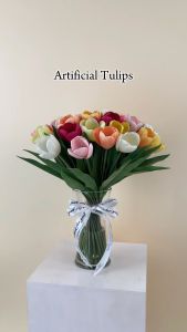 แจกันทิวลิปปลม รุ่นน้ำเทียม ดอกไม้ปลอมเกรดพรีเมียม ดอกทิวลิปพร้อมแจกัน