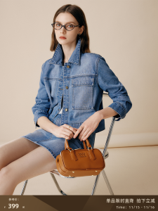 Blue Denim Jacket Womens Fashion Casual Washed Retro Style Short Coat Cotton Polyester Blend Long Sleeve Button up Top