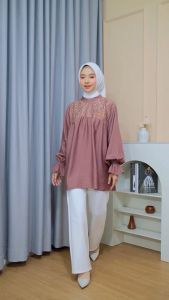 Maura Atasan Kemeja Wanita Dewasa Oversize Simple Mix Brokat & Basic Polo Linen