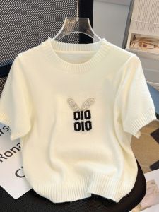 Yao Kexin Summer Short Sleeve Knit Dress Womens Open Line Decoration Diamond Patchwork Casual Style Work Clothing Regular Thickness