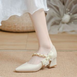 IELGY New Summer French Single Shoes Womens Pointed Toe Bow Temperament Heels Wedding