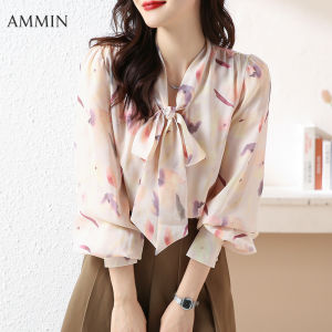 AMMIN Áo Cánh Dài Tay Phong Cách Hàn Quốc Với Cà Vạt Cổ Chữ V Và Áo Voan Hoa Cho Nữ Phong Cách Thời Trang Mới Áo Voan In Họa Tiết Rộng Và Đa Năng