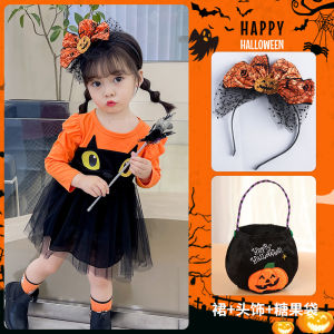 Halloween Princess Dress Childrens Performance Costume Girls Clothes Pumpkin Skirt Cotton Elastic Fiber Polyester Blend