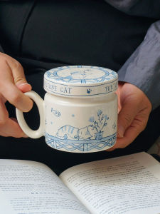 Simple Ceramic Large Capacity Coffee Cup with Lid Animal Pattern Home Use Cute Mug Vintage Style Adult Beverageware Cup