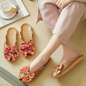 Dép Lót Tre Đan Bằng Vải Lanh Phong Cách Hàn Quốc Cho Nữ Thắt Nút Bướm Hở Đầu Thoáng Khí Đế Bằng Bằng EVA Dùng Trong Nhà
