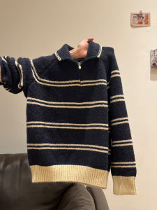 เสื้อสเวตเตอร์ถักแขนยาวแบบสวมหัวสำหรับผู้หญิงในฤดูใบไม้ร่วงและฤดูหนาว ทรงหลวม คอโปโล ลายทาง ผ้าขนสัตว์