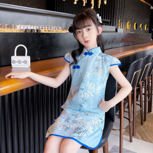 Girls Cheongsam Dress Summer Childrens Fashion Thin New Style Guzheng Flag Robe Skirt Baby Little Girl Retro Lightweight