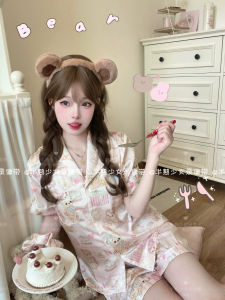 Cutelamb เค้กหมีน้อย Pure Desire Girls Ice ผ้าไหม สีชมพู การ์ตูน พิมพ์ Turn-down ปกเสื้อ ฤดูใบไม้ผลิ ฤดูใบไม้ร่วง ชุดเสื้อผ้าบ้าน