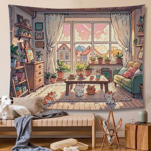 VIKAMA Sakura Bear Coffee Shop Tapestry Cartoon Cute Healing Shop Background Cloth Dormitory Decoration Tapestry Room Decor