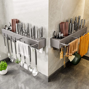 Stainless Steel Kitchen Knife Holder Multifunctional No Drilling Required Cutlery Storage Rack Integrated Chopsticks Tube Wall Mounted