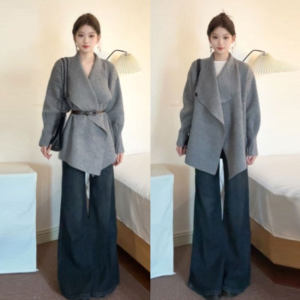 CHANGTONG | Elegant Chic Hepburn Style Grey Turn-Down Collar Knitted Coat Mid-Length