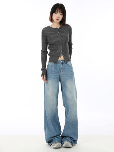 American Style Vintage High Waist Wide Leg Jeans Womens Spring Autumn Loose Fit Floor Length Pants Casual Washed Denim