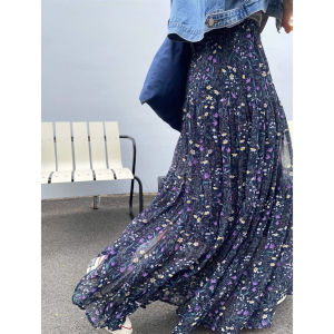 plus Size Womens Summer High Waist A-Line Skirt Chiffon Pleated Thin Long Floral Print Half Body Skirts Korean Style Casual