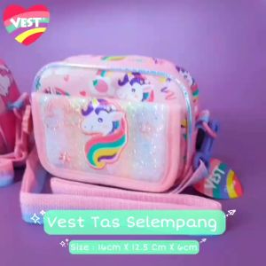Tas Selempang Anak Sling Bag Double Crossbody U2024 Merk VEST Premium High Quality Kualitas Bagus Glitter Cewek Cowok Girl Boy Lucu Unik Tebal Kuat Mewah Sekolah TK SD Ori Piknik Awet Dino Bola Kucing Hiu Unicorn U2024 Shopping Arena Malang