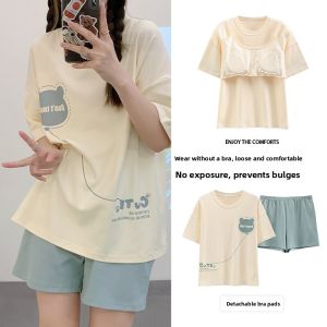 MiiOW | Pure Cotton Summer Sleepwear Womens Short Sleeve Thin Casual Outdoor Wear Home Clothes Set With Chest Pad Comfortable Short Pants