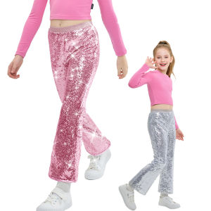LOlanta Girls Sequin Flare Pants Sparkle Bell Bottoms Kids Elastic Waist Glitter Dance Trousers 6-12Years