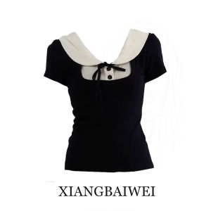 XIANGBAIWEI | Black Faux Two-Piece Collared Short-Sleeve T-Shirt Top