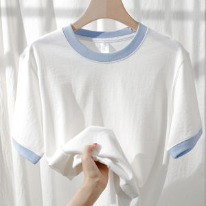 Japanese Style Casual 270g Versatile Two-Needle Color Block Short Sleeve T-Shirt Women Loose Slimming Half Sleeve Top Men Summer