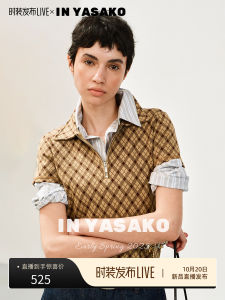 เสื้อยืดคอโปโล YASAKO ทรงหลวม สไตล์เรโทร ลายขนม ผ้าไนลอนผสมโพลีเอสเตอร์ 60% คอโปโล ทรงสั้น ระบายอากาศได้ดี