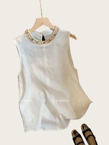 Elegant Bohemian Weave Beaded Linen Sleeveless Vest Women Summer Niche Design Loose Top Thin Style Commute Straight Cut