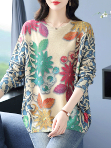 Plus Size Ladies plus Size Print Woolen Sweater round Neck Sweater Womens Autumn and Winter Loose 100.00kg Flab Hiding Knitting Base