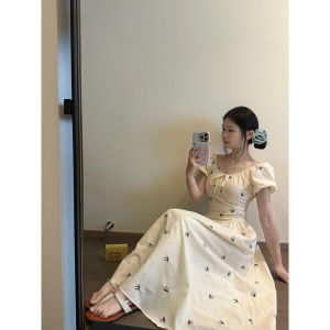 French Style Bubble Sleeve Dress Womens Fashion Summer 2025 New Small Size Waist Cinched Floral Long Dress Sweet Style Polyester Material Printed A-Line Skirt