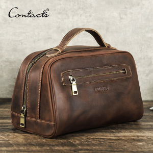 CONTACTS Genuine Leather Cosmetic Bag for Men Travel Portable Toiletries Large Storage Bag Man Makeup Organizer Wash Pouch