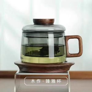 Mini Glass Teacup with Wooden Handle for Office Flower Tea Separation Home Use Water Drinking Cup Heat Resistant Handmade Craft