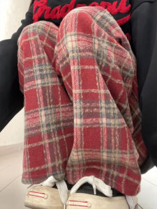 Red Plaid Pants Womens Autumn Style Loose Fit Wide Leg Woolen Casual Trousers High Waist Long Pants Christmas Red Color