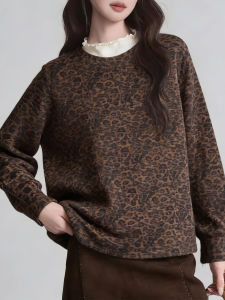 QINGNAER | Laid-back Style Leopard Print Plus Size Concealing Slimming Shirt