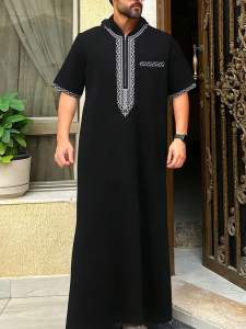 Moroccan Mens Thobe Short-Sleeved Embroidered Hood MuslimIslamicLooseJelleba Abaya - New Edition