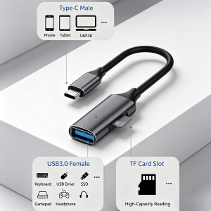 2IN 1 Type C to USB 3.0 OTG Adapter Cable to TF Card Reader For iPhone 15 16 17 Samsung High Speed USB C Male to USB Converter