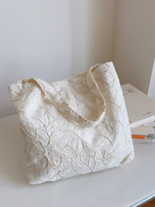 French Inspired Minimalist Embroidered Solid Color Single Shoulder Bag Ladies Underarm Bag Versatile Retro Cotton Bag for Commuting