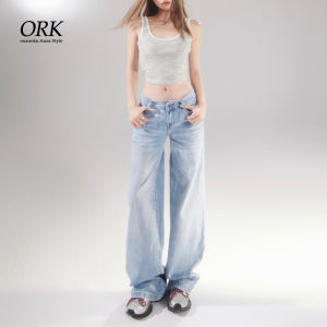 Ice Blue American Style Summer  Wide Leg Jeans Women Loose Straight Cut Casual Low Waist Jeans Casual Straight Leg Jeans