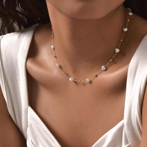 Kemstone Heart-shaped Pearl Bead Stainless Steel Necklace Golden Lockbone Chain French Style Womens Jewelry
