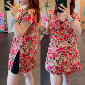 Shalldoer | Áo sơ mi nữ cổ chữ V dài vừa phải có tay lửng thiết kế bên hông thời trang mùa hè giảm tuổi tác phong cách thường ngày