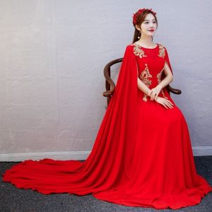 Classical Red Evening Gown Womens Adult Guzheng Solo Performance Large Chorus Competition Conductor Host Elegant A-Line Skirt