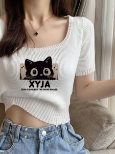 Summer Womens Short Sleeve T-Shirt Square Collar Knitted Ice Silk Print Fashionable Commute Style Slim Fit Youthful Design