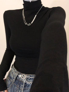 Black High Collar Knitted Sweater Long Sleeve Slim Fit Inner Wear Womens Fashionable Base Shirt Top Korean Style Commute