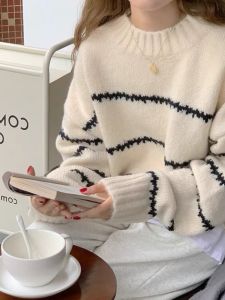 Korean Style Soft Glutinous Lazy Sweater Womens Autumn and Winter New Arrival Fleece-lined Thickened Sweater round Neck Pullover Outerwear Top