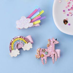 3Pcs Glitter Hair Clips Baby Girl Colourful Pink Rainbow Clouds Unicorn Handmade Barrettes School Headwear Hair Accessories