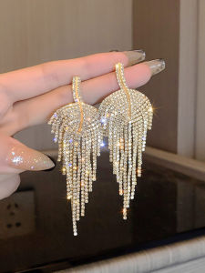 925 Silver Stud Rhinestone-Encrusted Leaf Tassel Earrings Female European and American Fashion French Fancy Earrings Tide Ear Rings